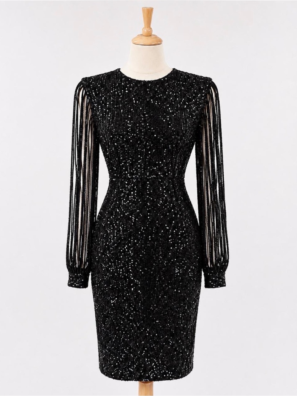 Black Sequin Fringe Cage Sleeve Bodycon Party Dress Glam Cocktail Evening